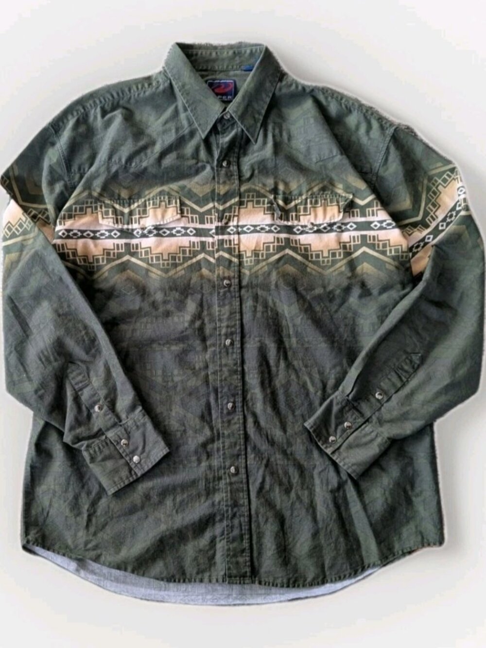 Vintage Roper Men’s Western Shirt XL Olive Green Pearl Snap Cowboy Rodeo Aztec